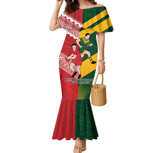 Australia-Tonga Rugby Pacific Custom Family Matching Mermaid Dress and Hawaiian Shirt The Kangaroos and Mate Ma'a Tonga