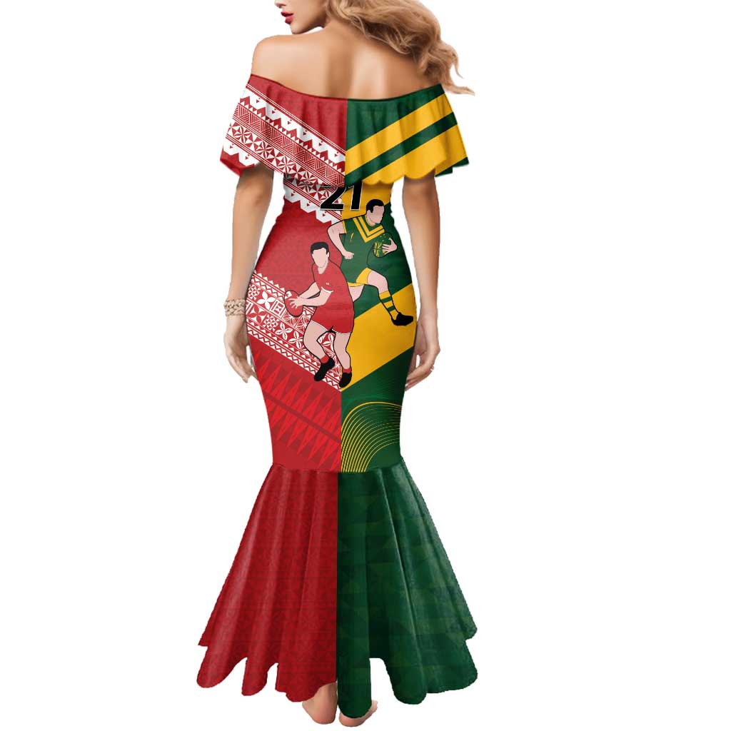 Australia-Tonga Rugby Pacific Custom Family Matching Mermaid Dress and Hawaiian Shirt The Kangaroos and Mate Ma'a Tonga