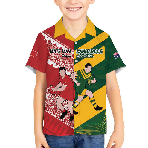 Australia-Tonga Rugby Pacific Custom Family Matching Off The Shoulder Long Sleeve Dress and Hawaiian Shirt The Kangaroos and Mate Ma'a Tonga