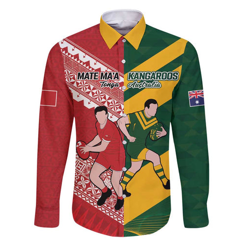 Australia-Tonga Rugby Pacific Custom Family Matching Short Sleeve Bodycon Dress and Hawaiian Shirt The Kangaroos and Mate Ma'a Tonga