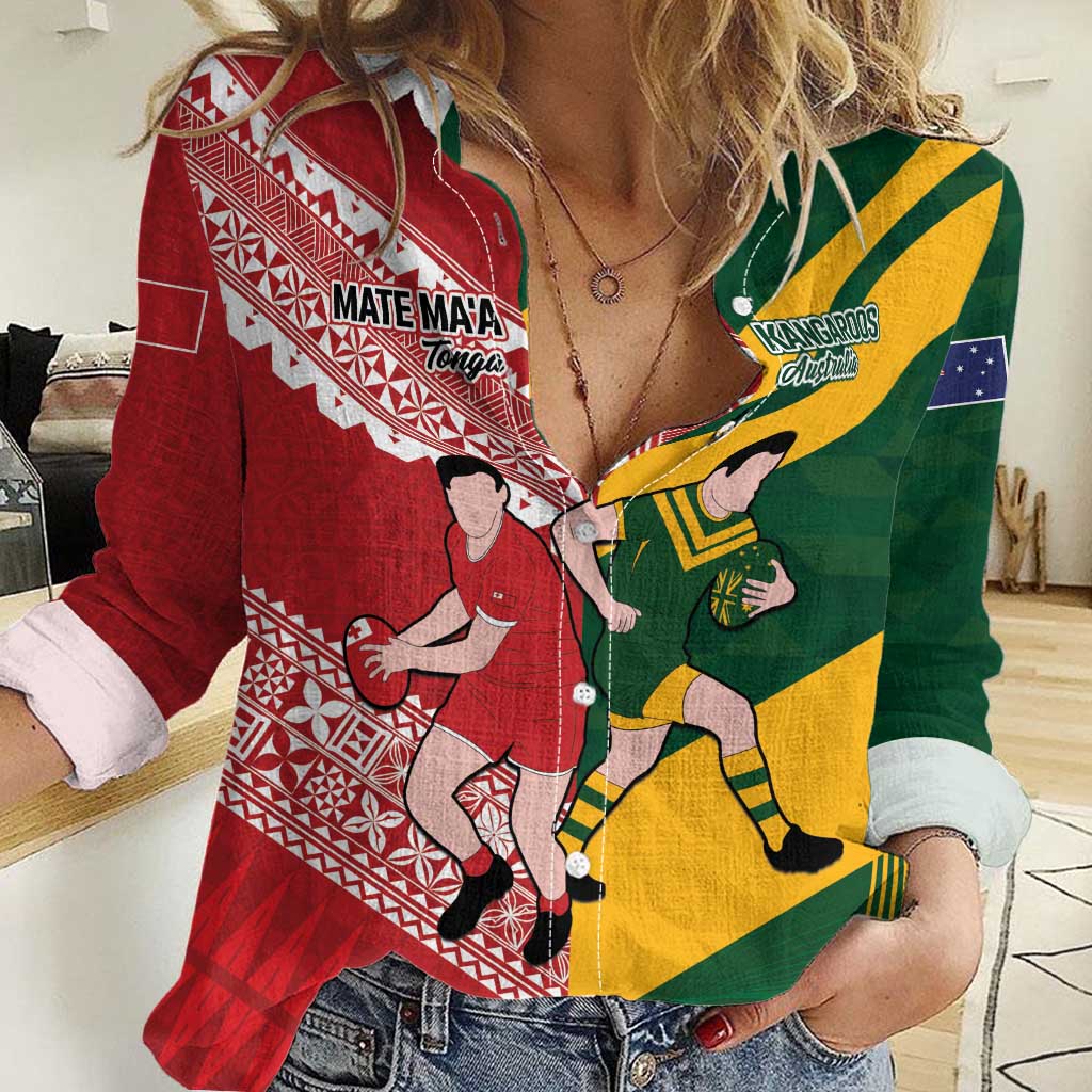 Australia-Tonga Rugby Pacific Custom Women Casual Shirt The Kangaroos and Mate Ma'a Tonga