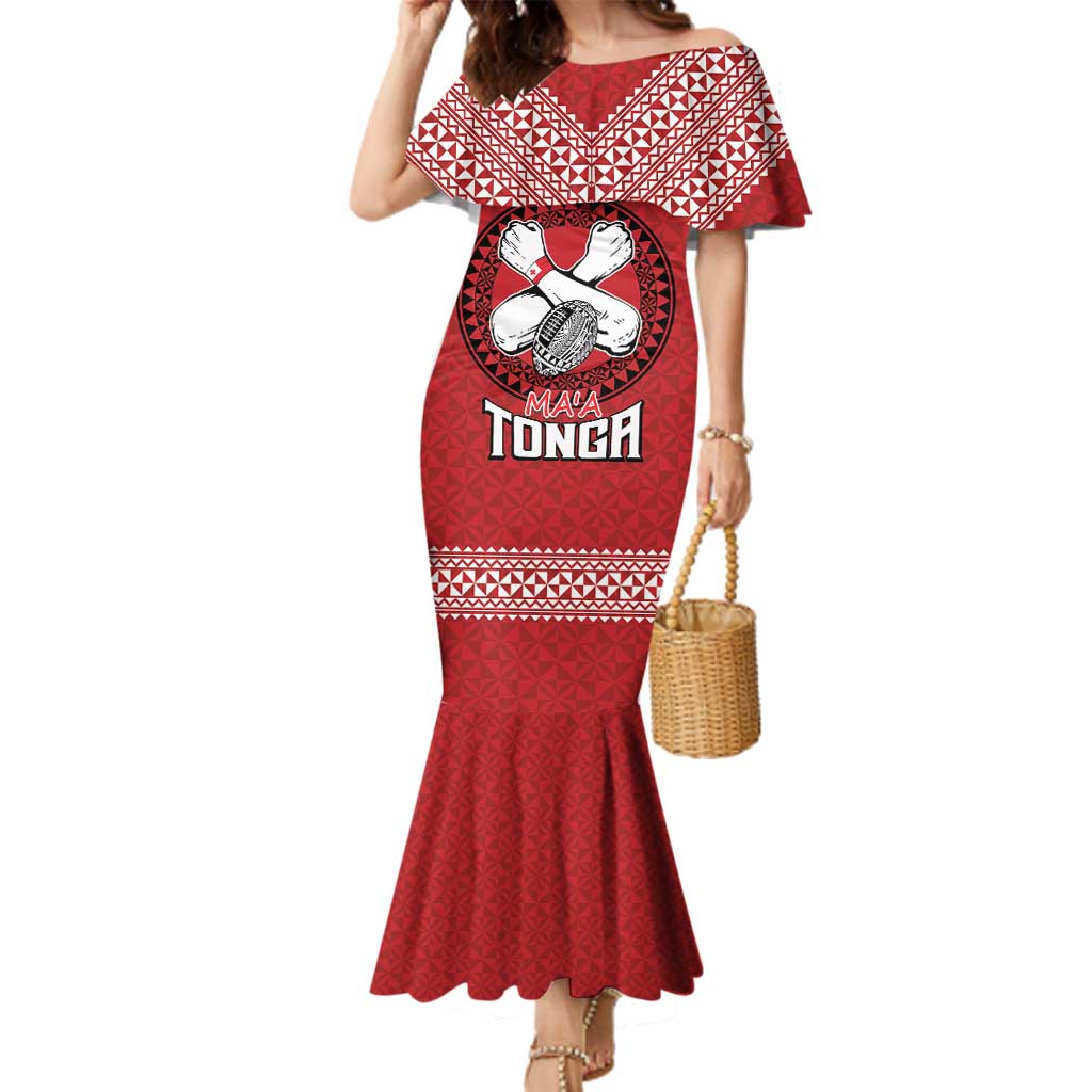 Tonga Rugby XIII Custom Family Matching Mermaid Dress and Hawaiian Shirt Mate Ma'a Tonga with Ngatu Pattern