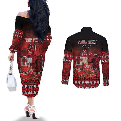 Custom Tonga 676 Haʻamonga ʻa Maui Couples Matching Off The Shoulder Long Sleeve Dress and Long Sleeve Button Shirt Tongan Sipi Tau Unique Dance