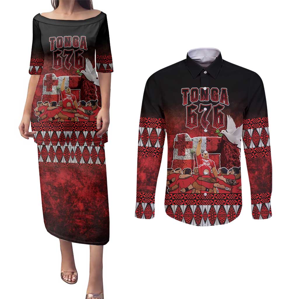 Custom Tonga 676 Haʻamonga ʻa Maui Couples Matching Puletasi and Long Sleeve Button Shirt Tongan Sipi Tau Unique Dance