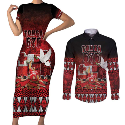 Custom Tonga 676 Haʻamonga ʻa Maui Couples Matching Short Sleeve Bodycon Dress and Long Sleeve Button Shirt Tongan Sipi Tau Unique Dance