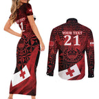 Custom Tonga XIII Rugby Tribal Tattoo Couples Matching Short Sleeve Bodycon Dress and Long Sleeve Button Shirt Mate Ma'a Tonga Kupesi Ngatu Grunge Style