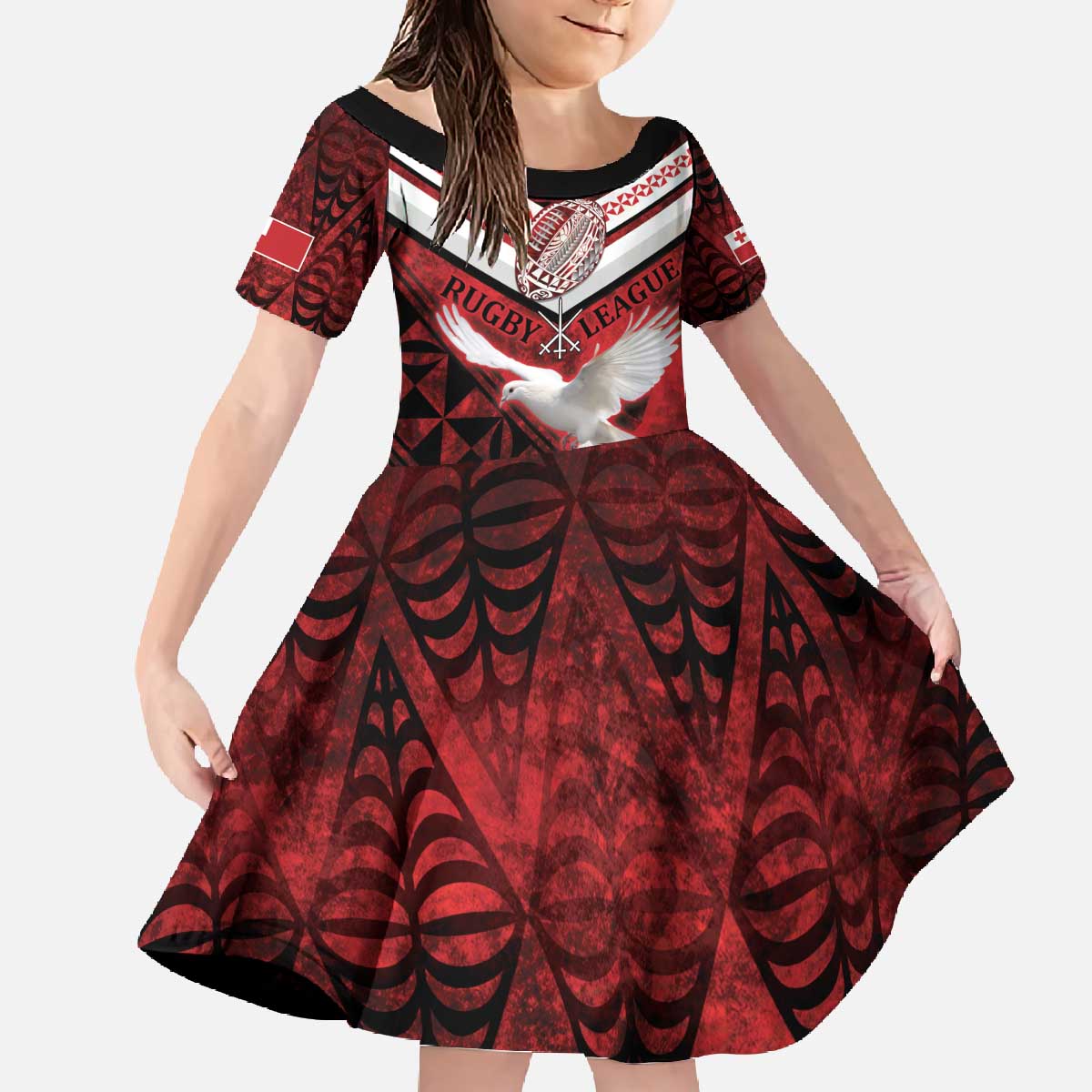Custom Tonga XIII Rugby Tribal Tattoo Family Matching Off The Shoulder Long Sleeve Dress and Hawaiian Shirt Mate Ma'a Tonga Kupesi Ngatu Grunge Style