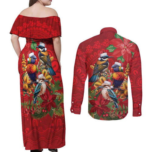 Aussie Native Bird Couples Matching Off Shoulder Maxi Dress and Long Sleeve Button Shirt Aboriginal Inspired Christmas - Aussie Hoodie