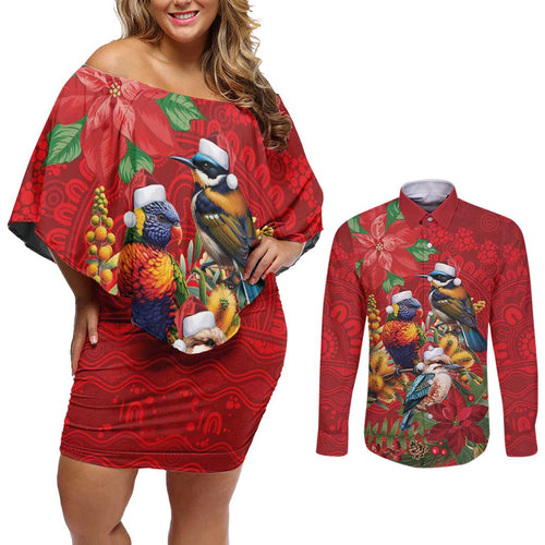Aussie Native Bird Couples Matching Off Shoulder Short Dress and Long Sleeve Button Shirt Aboriginal Inspired Christmas - Aussie Hoodie