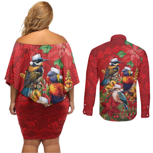 Aussie Native Bird Couples Matching Off Shoulder Short Dress and Long Sleeve Button Shirt Aboriginal Inspired Christmas - Aussie Hoodie