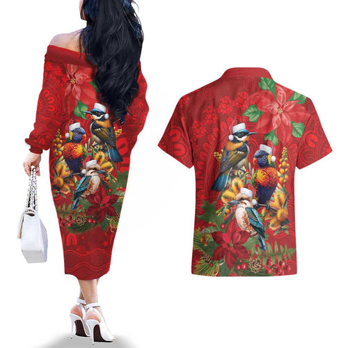 Aussie Native Bird Couples Matching Off The Shoulder Long Sleeve Dress and Hawaiian Shirt Aboriginal Inspired Christmas - Aussie Hoodie