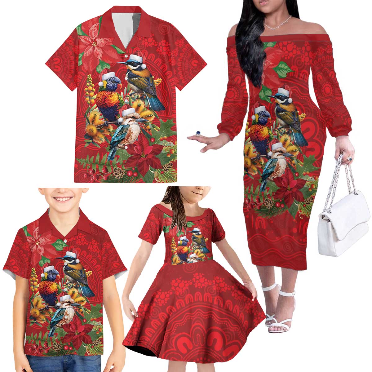 Aussie Native Bird Family Matching Off The Shoulder Long Sleeve Dress and Hawaiian Shirt Aboriginal Inspired Christmas - Aussie Hoodie