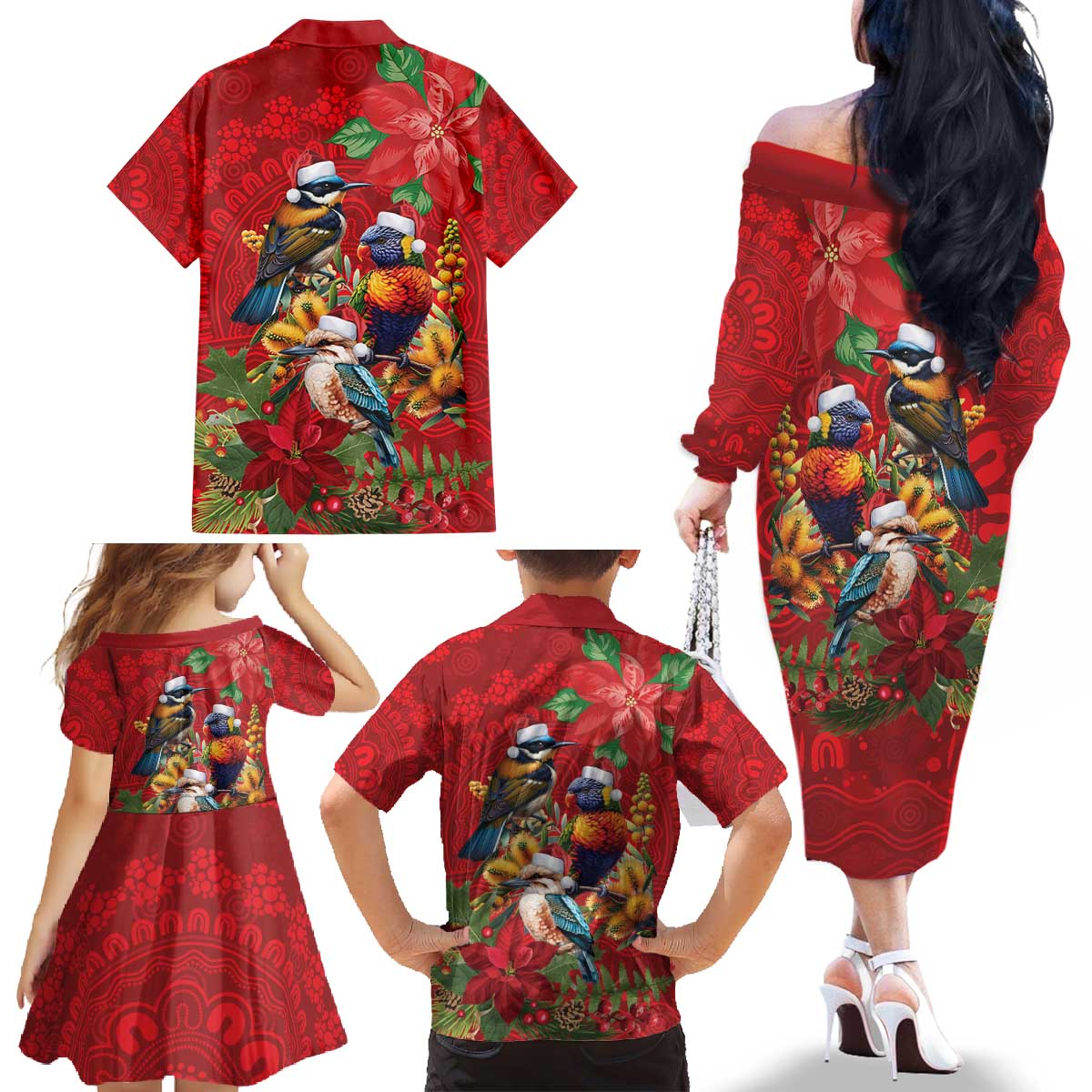 Aussie Native Bird Family Matching Off The Shoulder Long Sleeve Dress and Hawaiian Shirt Aboriginal Inspired Christmas - Aussie Hoodie