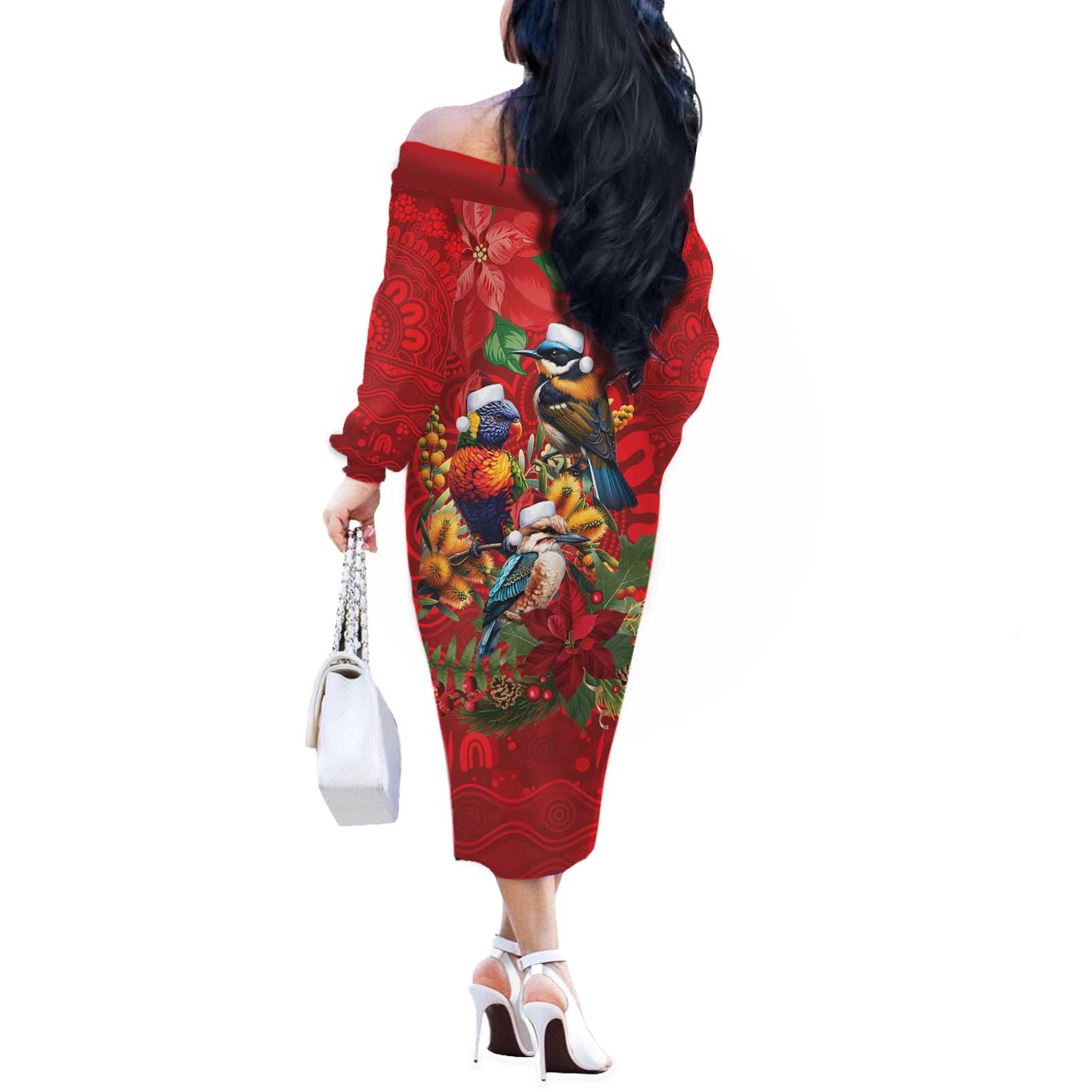 Aussie Native Bird Off The Shoulder Long Sleeve Dress Aboriginal Inspired Christmas - Aussie Hoodie
