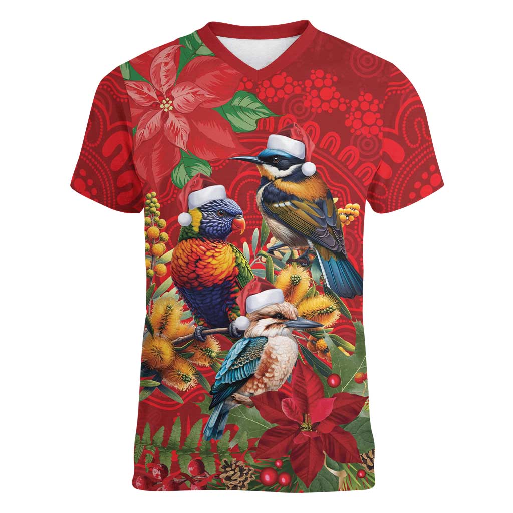 Aussie Native Bird Women V-Neck T-Shirt Aboriginal Inspired Christmas - Aussie Hoodie