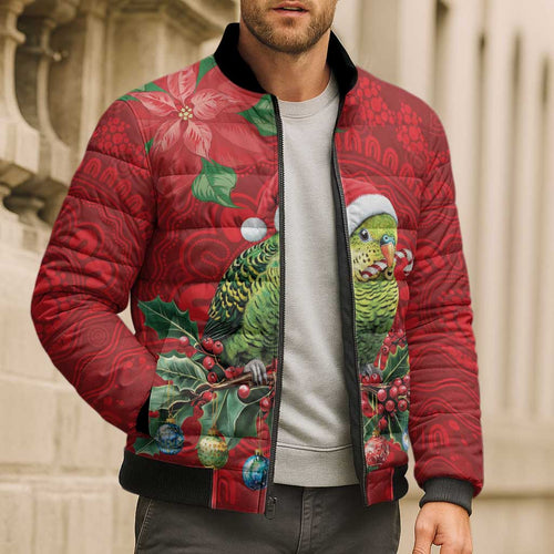 Aussie Green Budgerigar Bomber Puffer Jacket Aboriginal Inspired Christmas - Aussie Hoodie