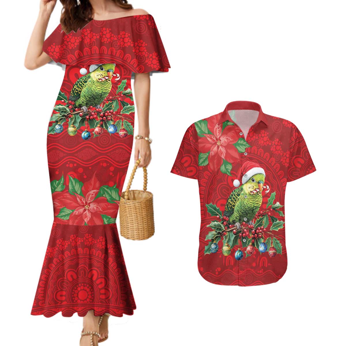 Aussie Green Budgerigar Couples Matching Mermaid Dress and Hawaiian Shirt Aboriginal Inspired Christmas - Aussie Hoodie