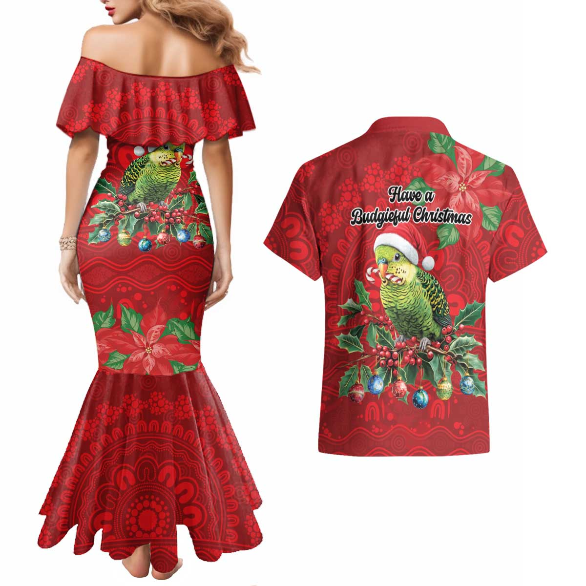Aussie Green Budgerigar Couples Matching Mermaid Dress and Hawaiian Shirt Aboriginal Inspired Christmas - Aussie Hoodie