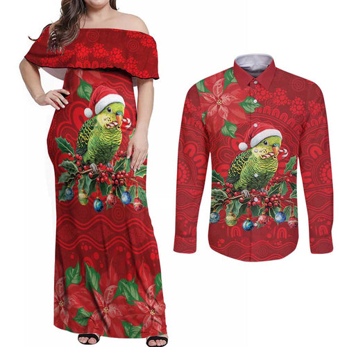 Aussie Green Budgerigar Couples Matching Off Shoulder Maxi Dress and Long Sleeve Button Shirt Aboriginal Inspired Christmas - Aussie Hoodie