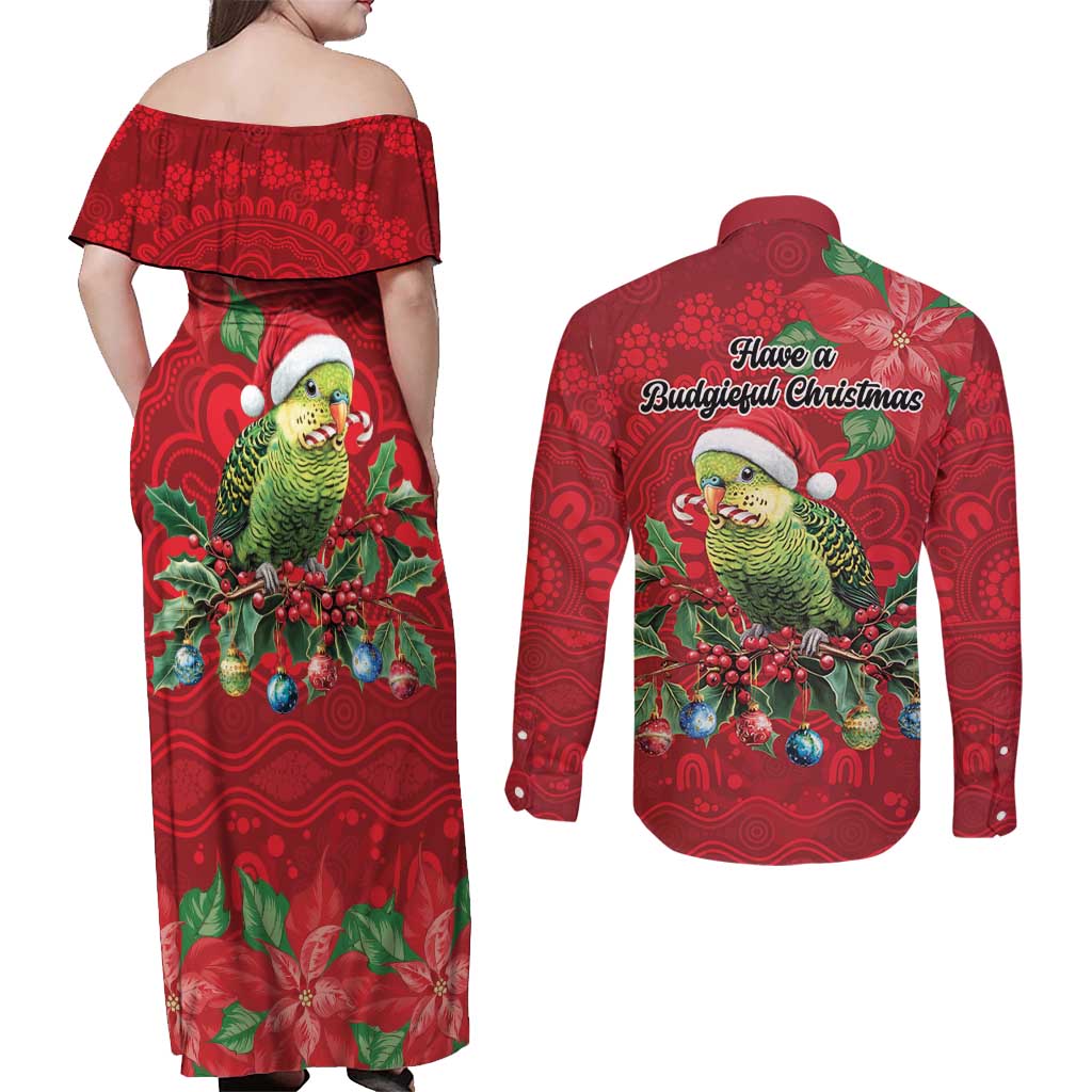 Aussie Green Budgerigar Couples Matching Off Shoulder Maxi Dress and Long Sleeve Button Shirt Aboriginal Inspired Christmas - Aussie Hoodie