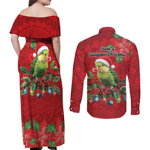 Aussie Green Budgerigar Couples Matching Off Shoulder Maxi Dress and Long Sleeve Button Shirt Aboriginal Inspired Christmas - Aussie Hoodie
