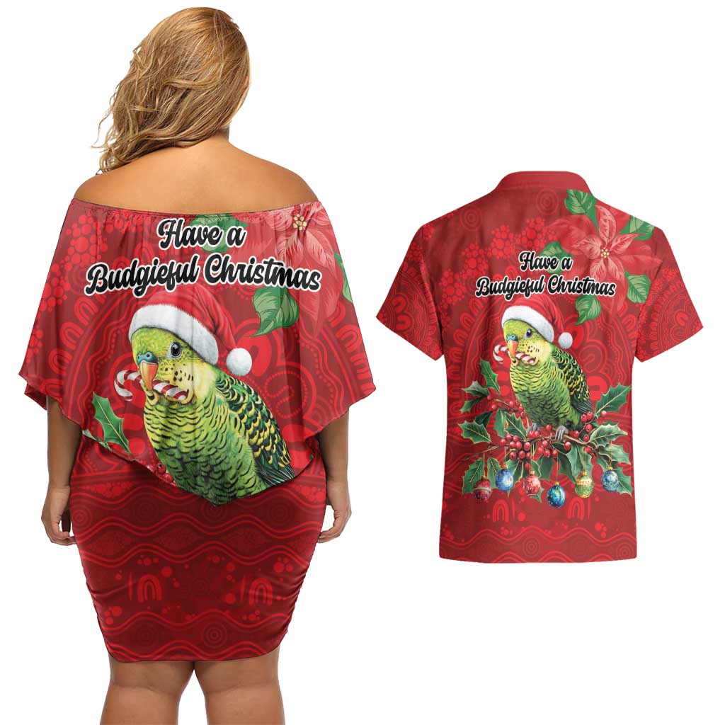 Aussie Green Budgerigar Couples Matching Off Shoulder Short Dress and Hawaiian Shirt Aboriginal Inspired Christmas - Aussie Hoodie