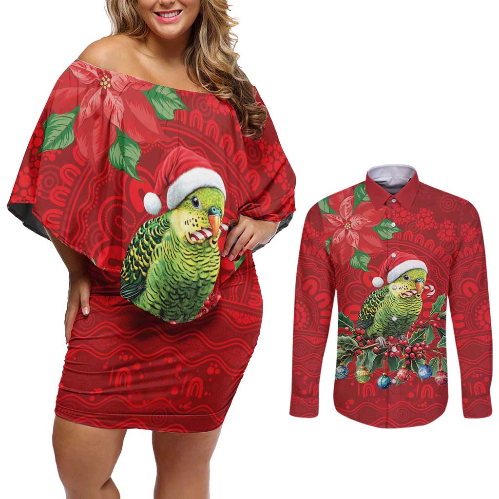 Aussie Green Budgerigar Couples Matching Off Shoulder Short Dress and Long Sleeve Button Shirt Aboriginal Inspired Christmas - Aussie Hoodie