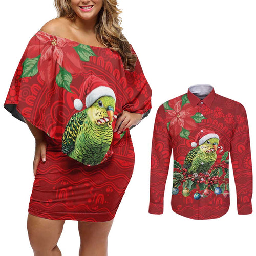 Aussie Green Budgerigar Couples Matching Off Shoulder Short Dress and Long Sleeve Button Shirt Aboriginal Inspired Christmas - Aussie Hoodie