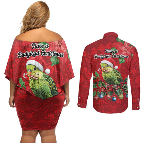 Aussie Green Budgerigar Couples Matching Off Shoulder Short Dress and Long Sleeve Button Shirt Aboriginal Inspired Christmas - Aussie Hoodie