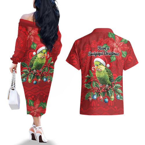 Aussie Green Budgerigar Couples Matching Off The Shoulder Long Sleeve Dress and Hawaiian Shirt Aboriginal Inspired Christmas - Aussie Hoodie