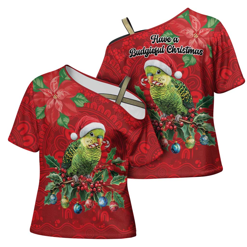 Aussie Green Budgerigar Cross Shoulder Shirt Aboriginal Inspired Christmas - Aussie Hoodie