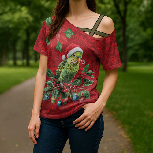 Aussie Green Budgerigar Cross Shoulder Shirt Aboriginal Inspired Christmas - Aussie Hoodie