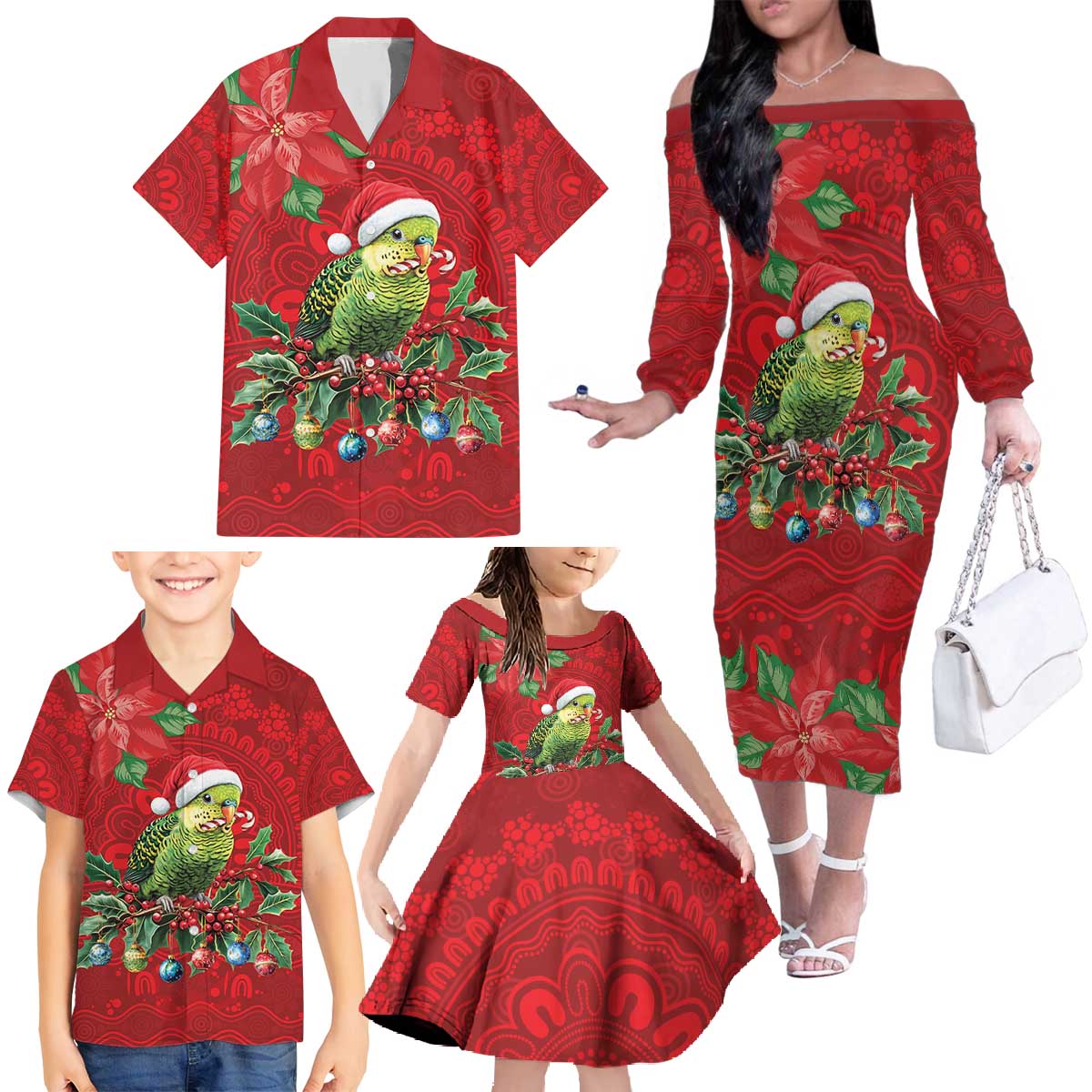 Aussie Green Budgerigar Family Matching Off The Shoulder Long Sleeve Dress and Hawaiian Shirt Aboriginal Inspired Christmas - Aussie Hoodie