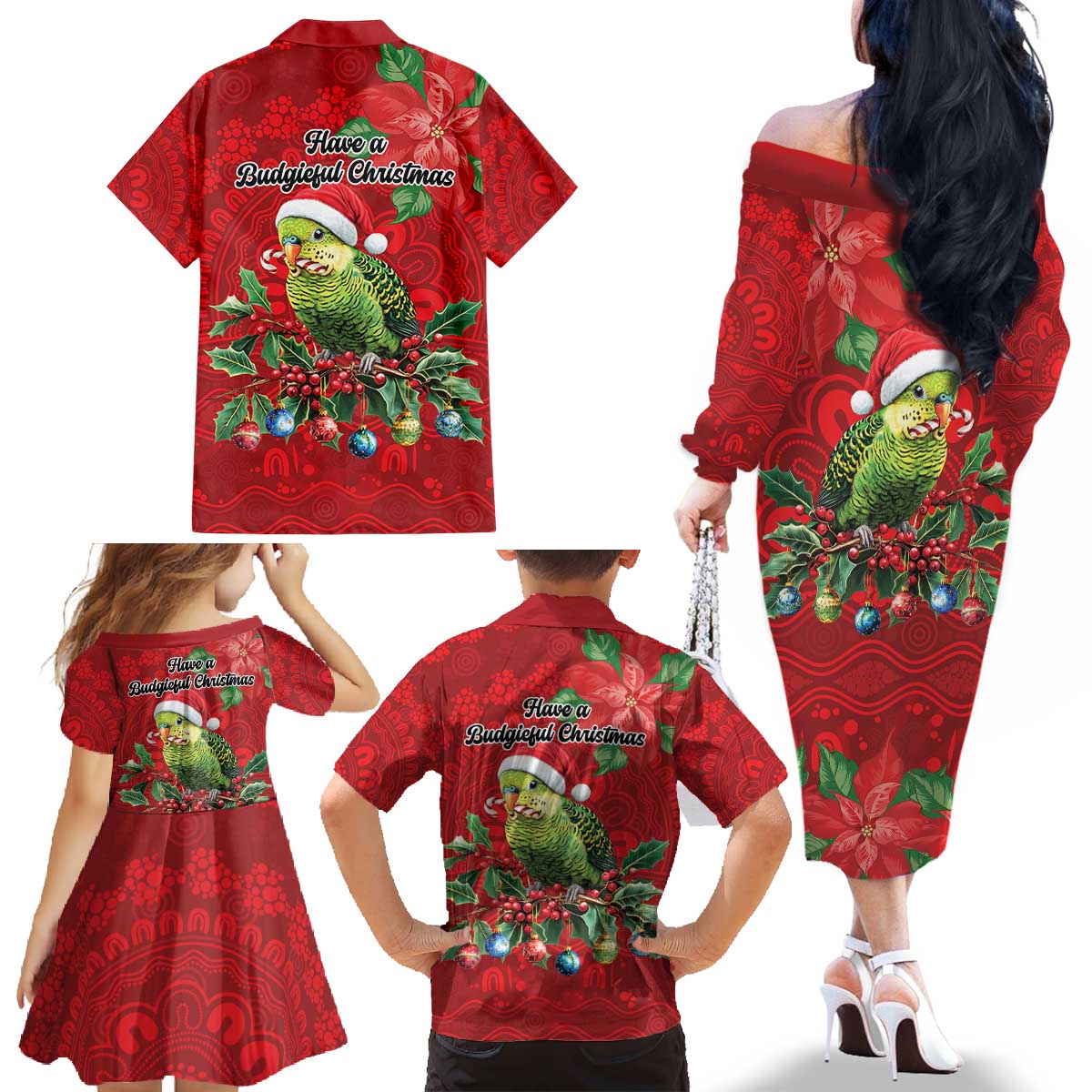 Aussie Green Budgerigar Family Matching Off The Shoulder Long Sleeve Dress and Hawaiian Shirt Aboriginal Inspired Christmas - Aussie Hoodie