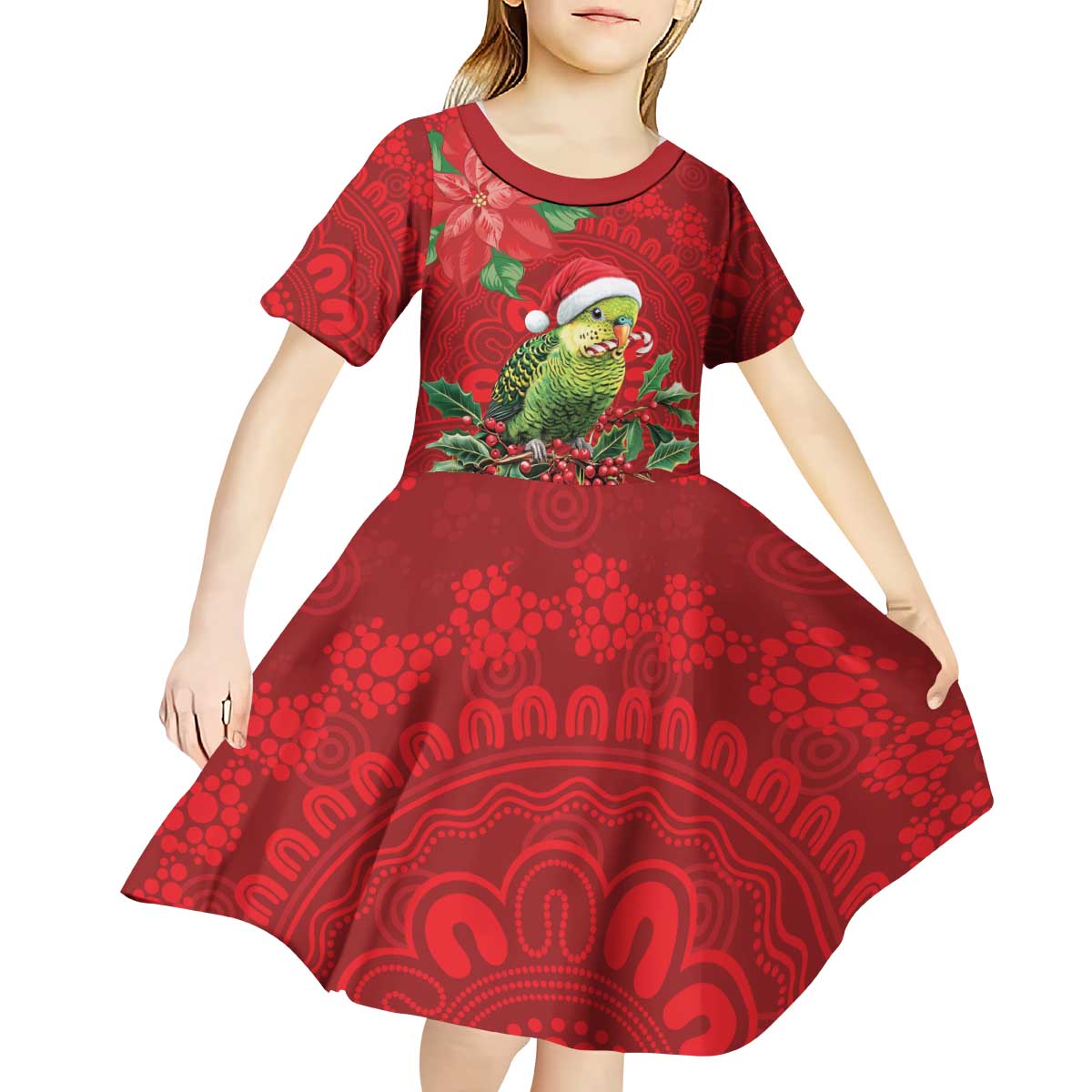Aussie Green Budgerigar Kid Short Sleeve Dress Aboriginal Inspired Christmas - Aussie Hoodie