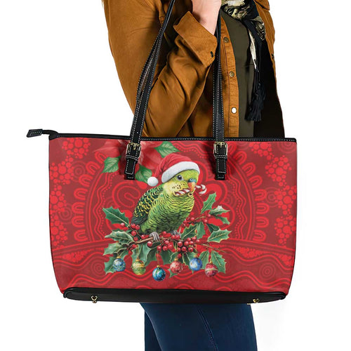 Aussie Green Budgerigar Leather Tote Bag Aboriginal Inspired Christmas - Aussie Hoodie