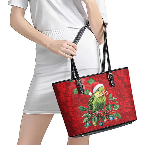 Aussie Green Budgerigar Leather Tote Bag Aboriginal Inspired Christmas - Aussie Hoodie