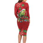 Aussie Green Budgerigar Long Sleeve Bodycon Dress Aboriginal Inspired Christmas - Aussie Hoodie