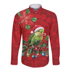Aussie Green Budgerigar Long Sleeve Button Shirt Aboriginal Inspired Christmas - Aussie Hoodie
