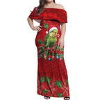 Aussie Green Budgerigar Off Shoulder Maxi Dress Aboriginal Inspired Christmas - Aussie Hoodie
