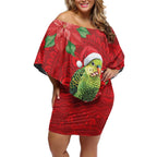 Aussie Green Budgerigar Off Shoulder Short Dress Aboriginal Inspired Christmas - Aussie Hoodie