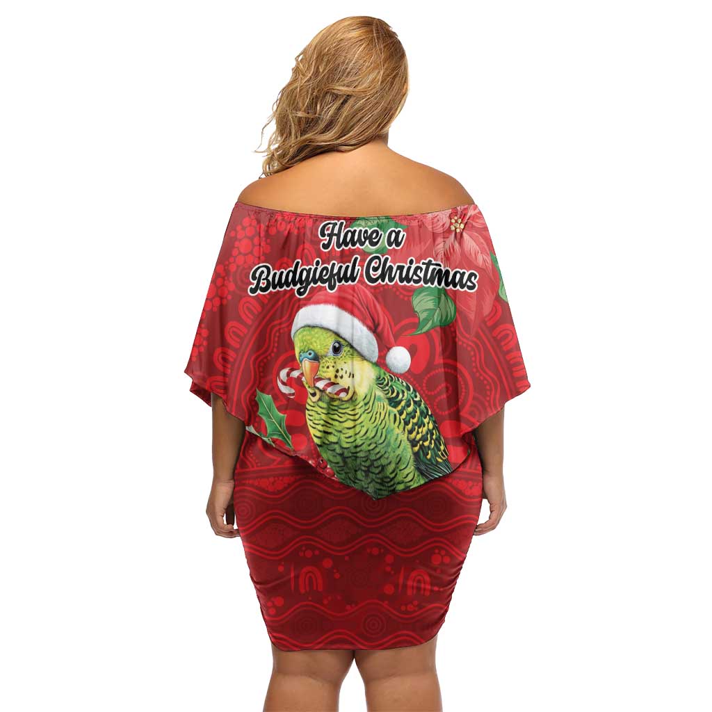 Aussie Green Budgerigar Off Shoulder Short Dress Aboriginal Inspired Christmas - Aussie Hoodie