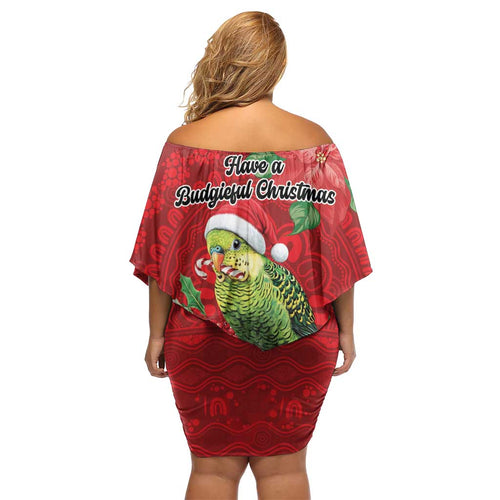 Aussie Green Budgerigar Off Shoulder Short Dress Aboriginal Inspired Christmas - Aussie Hoodie