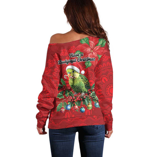 Aussie Green Budgerigar Off Shoulder Sweater Aboriginal Inspired Christmas - Aussie Hoodie