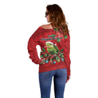 Aussie Green Budgerigar Off Shoulder Sweater Aboriginal Inspired Christmas - Aussie Hoodie