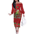 Aussie Green Budgerigar Off The Shoulder Long Sleeve Dress Aboriginal Inspired Christmas - Aussie Hoodie