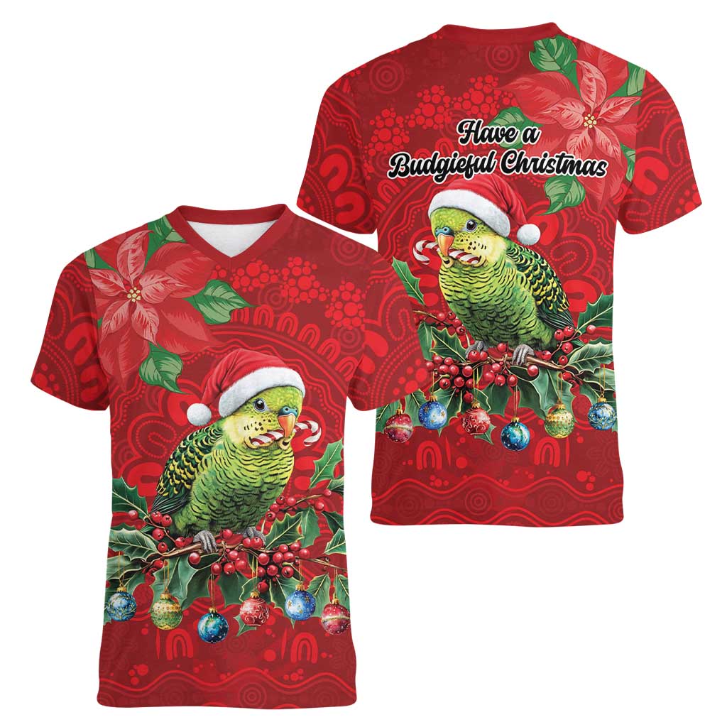 Aussie Green Budgerigar Women V-Neck T-Shirt Aboriginal Inspired Christmas - Aussie Hoodie