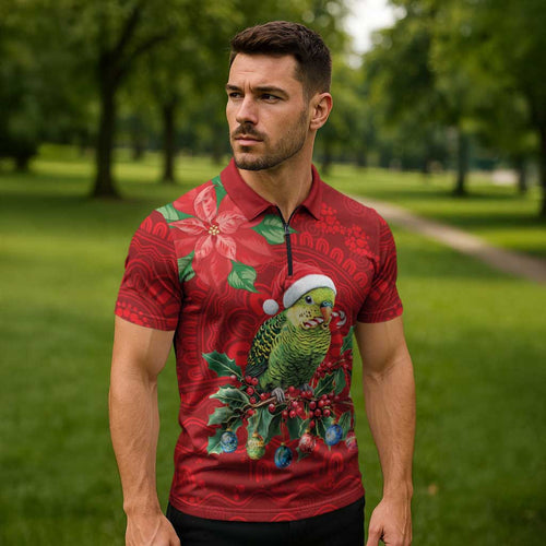 Aussie Green Budgerigar Zipper Polo Shirt Aboriginal Inspired Christmas - Aussie Hoodie