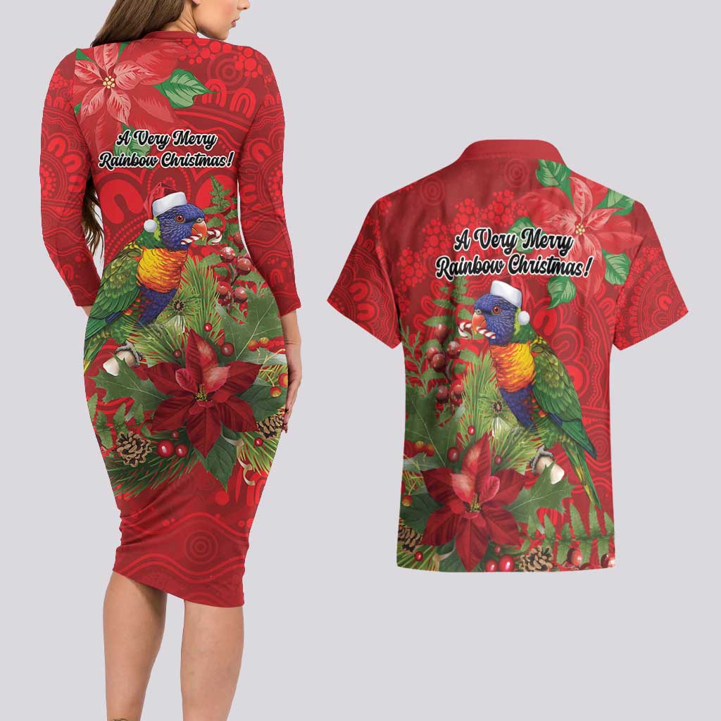 Aussie Rainbow lorikeet Couples Matching Long Sleeve Bodycon Dress and Hawaiian Shirt Aboriginal Inspired Christmas - Aussie Hoodie