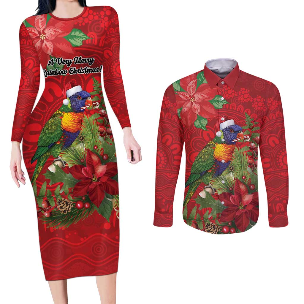 Aussie Rainbow lorikeet Couples Matching Long Sleeve Bodycon Dress and Long Sleeve Button Shirt Aboriginal Inspired Christmas - Aussie Hoodie